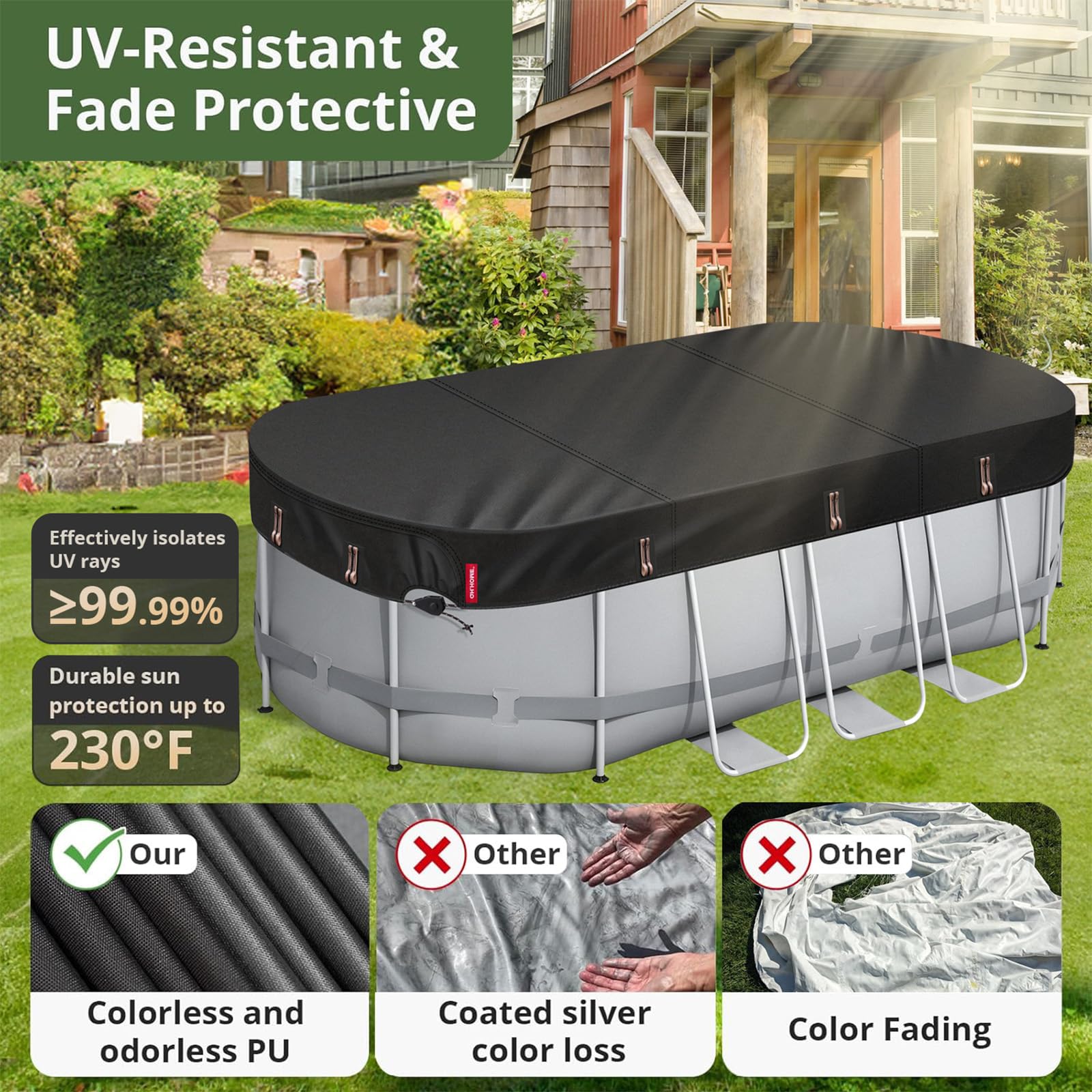 QH.HOME UPF50+ protection closeup shows UV shielding and algae prevention.