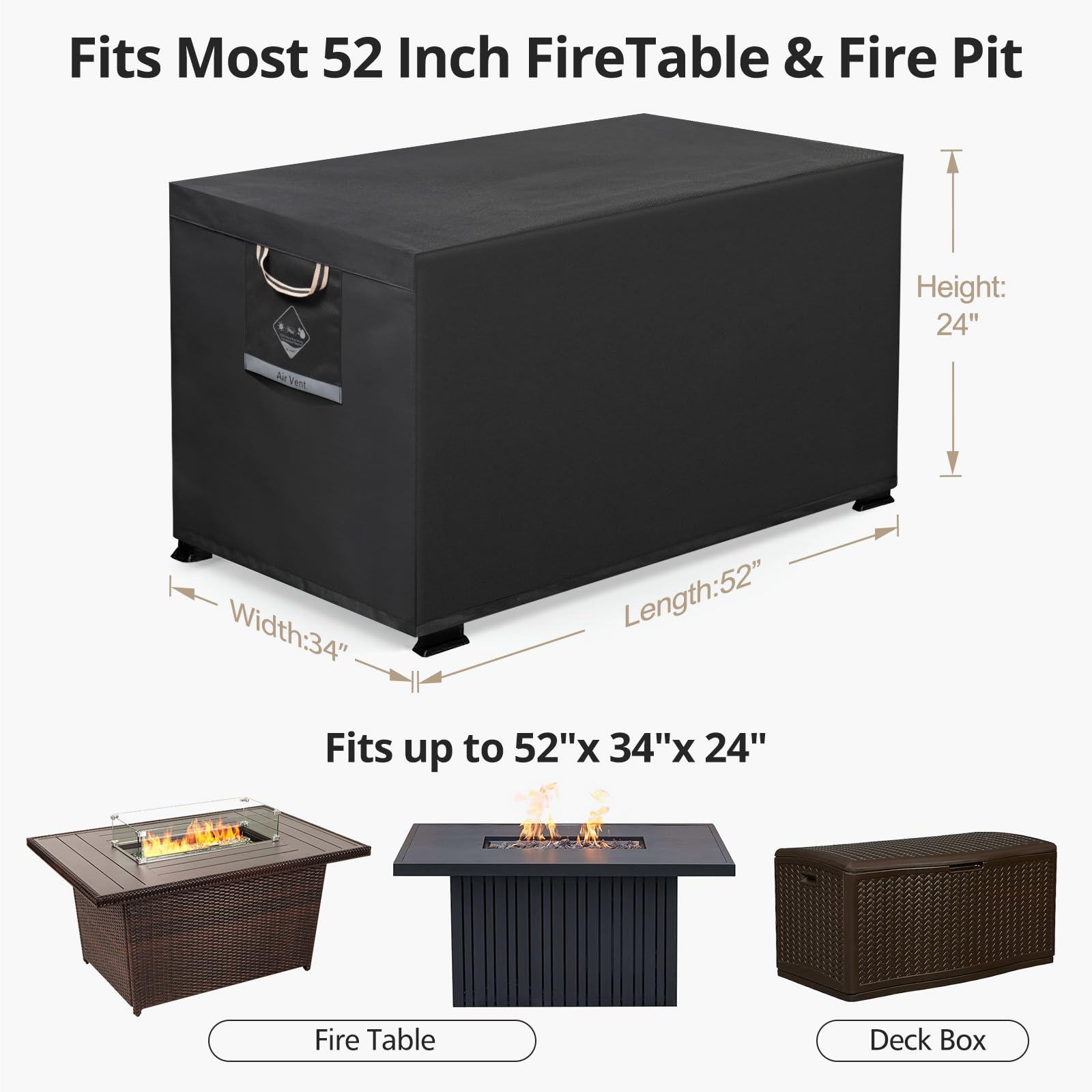 QH.HOME rectangular fire pit cover close-up shows durable 600D fabric.