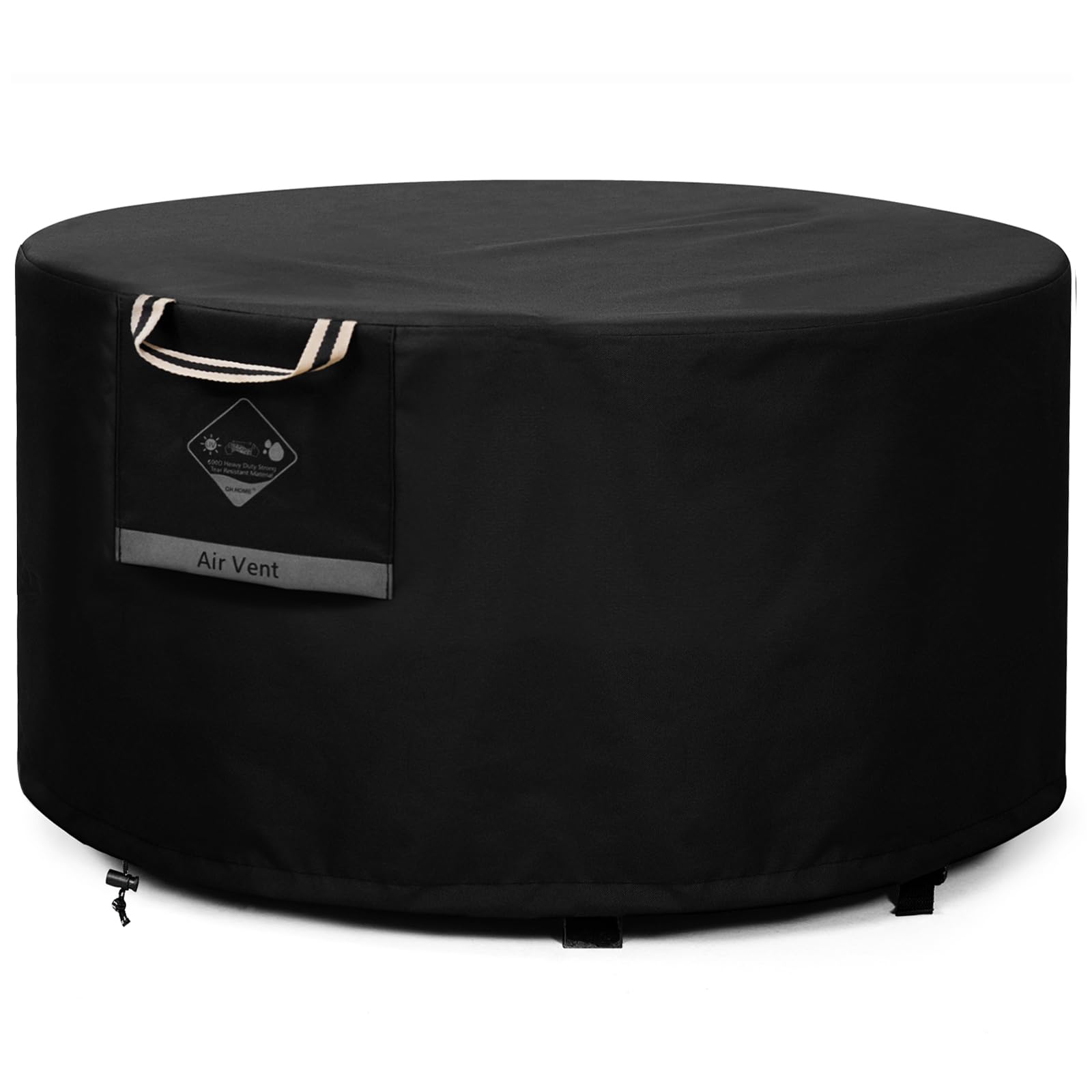 QH.HOME round fire pit cover 40-inch on patio provides full protection from rain and wind.