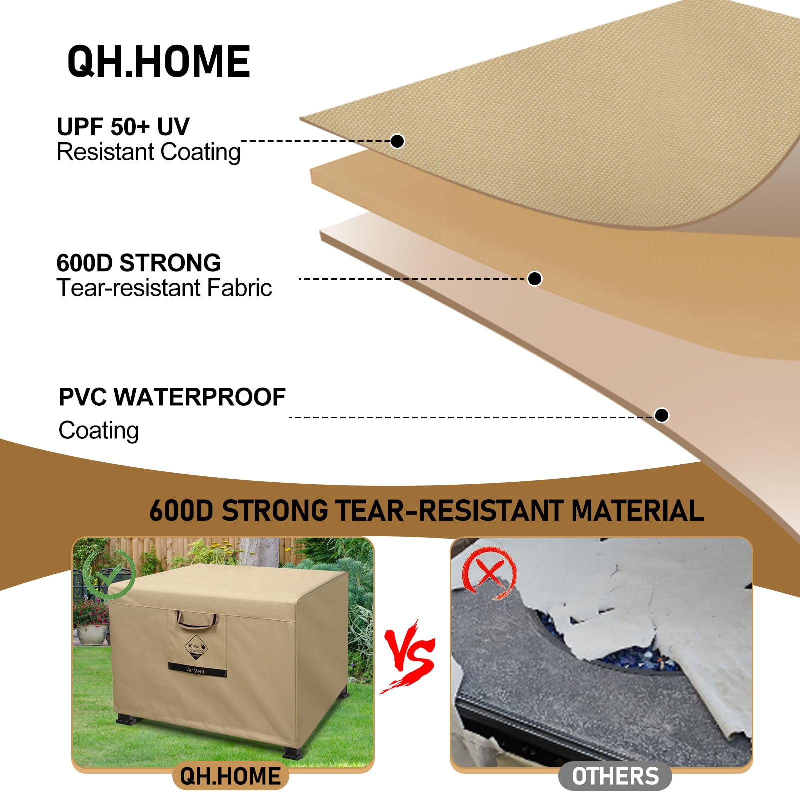 Waterproof seam barrier on QH.HOME cover demonstrates rain protection.