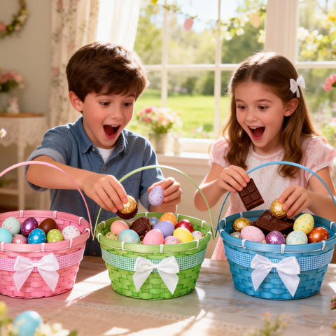 Q.Hou Easter bamboo basket blue with bow ready for egg hunts.
