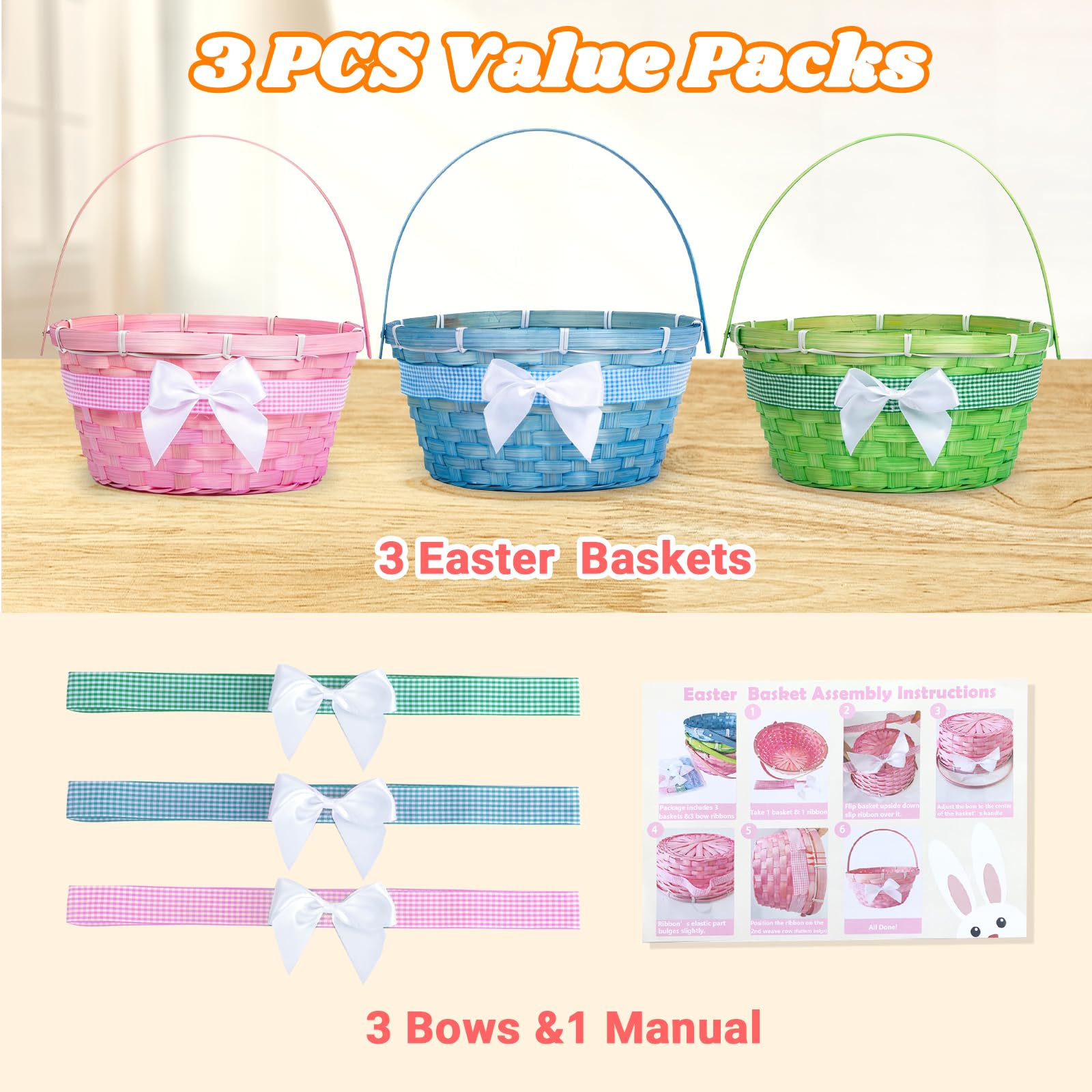 Q.Hou Easter bamboo basket green with bow for colorful Easter collection.
