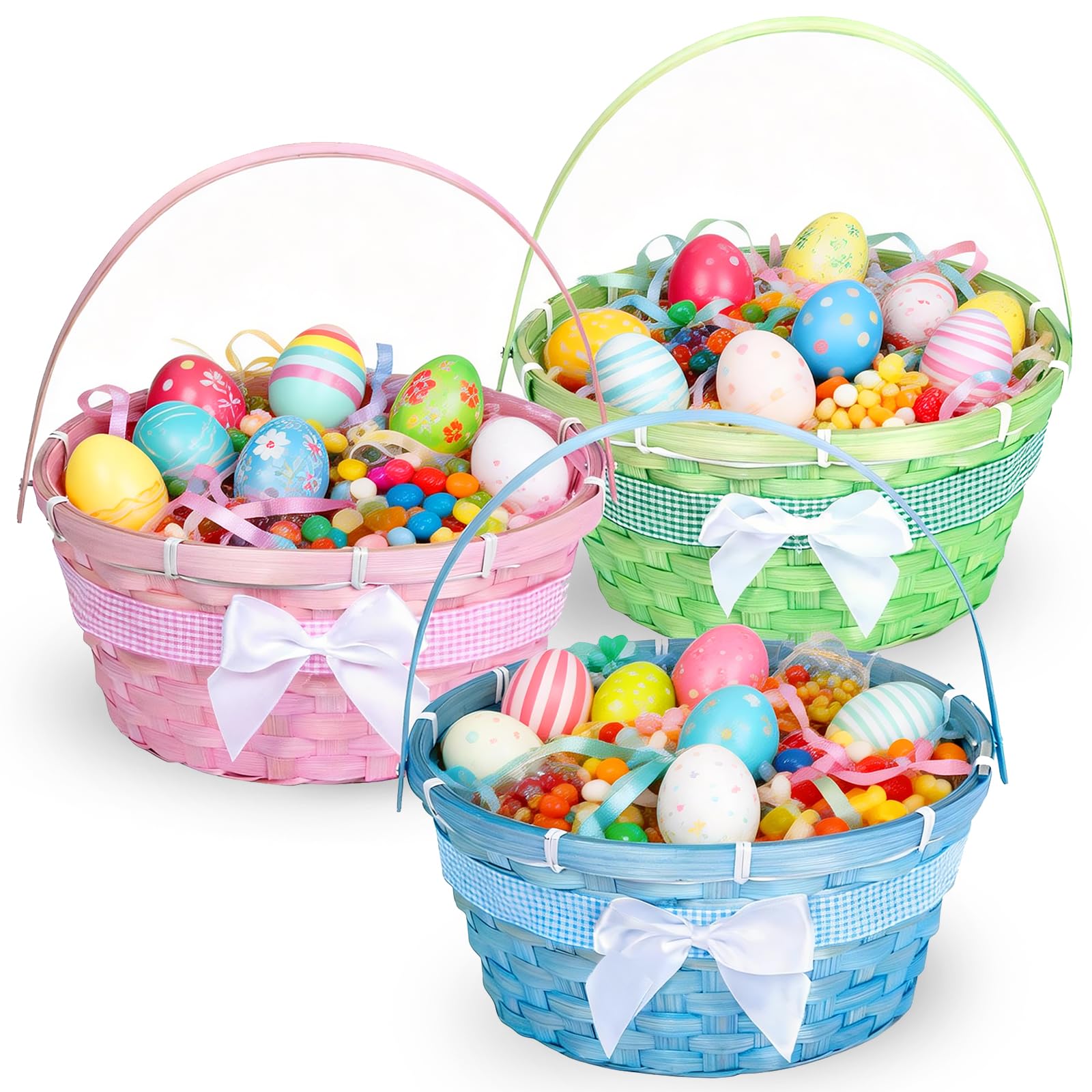 Q.Hou Easter bamboo basket pink with bow for festive egg hunts and storage.