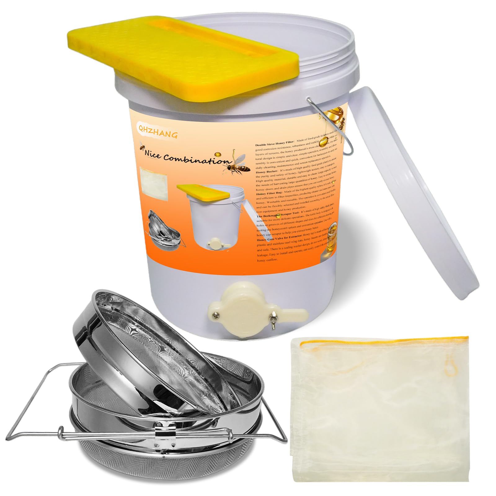 QHZHANG honey bucket 5-gallon for stable honey collection and easy handling.