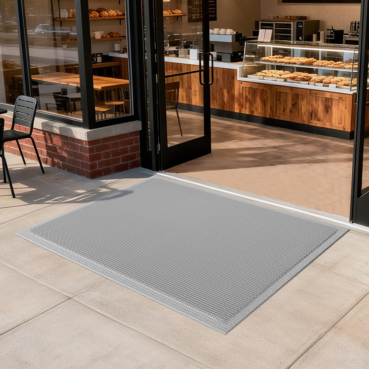 QiCaiJia front door mat 31x47 full view, durable PVC, grey.