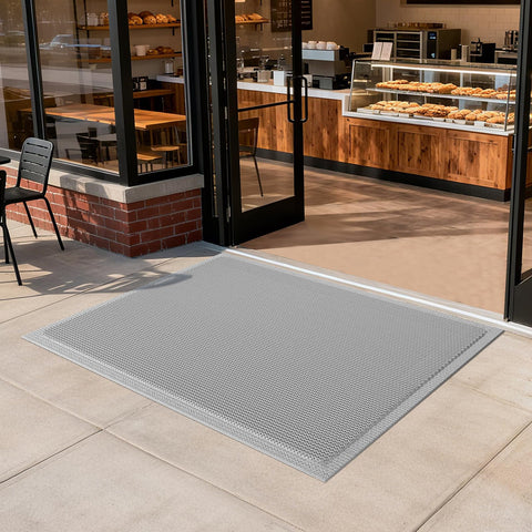 QiCaiJia front door mat 31x47 full view, durable PVC, grey.