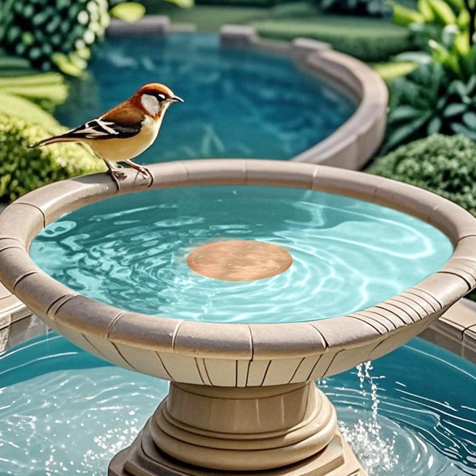 Qi propitious copper disk in a birdbath demonstrates secure placement.