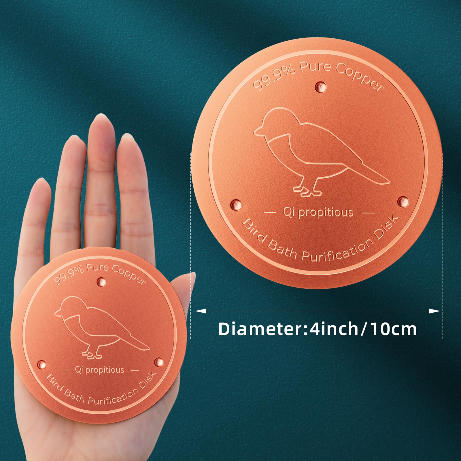 Qi propitious copper disk helps keep birdbath water cleaner longer.