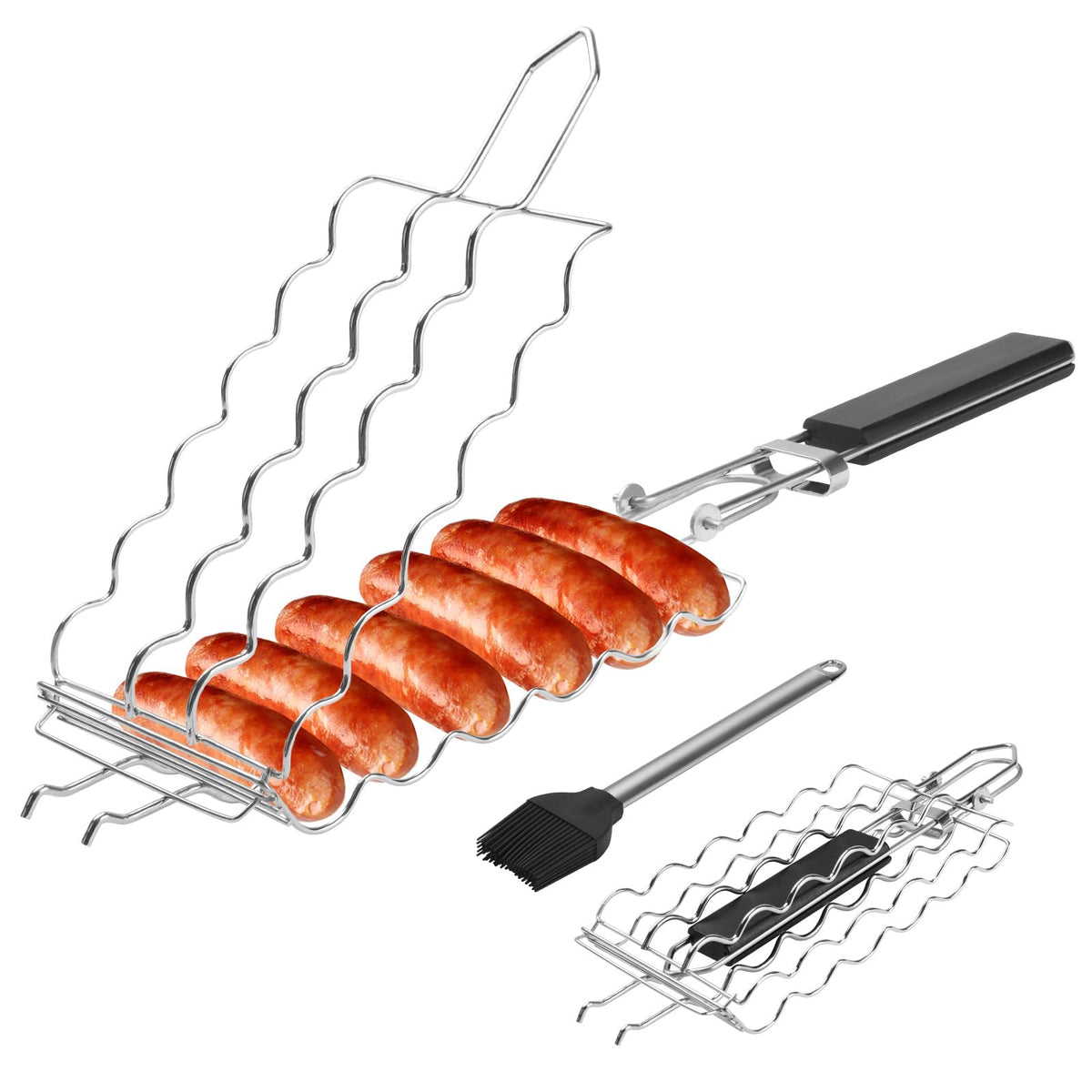 QIAN POWER hot dog basket secures six sausages for even grilling.