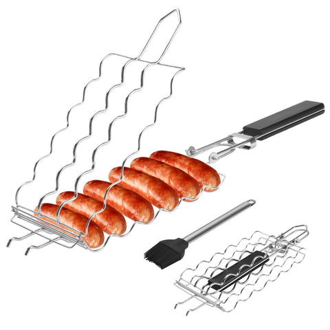 QIAN POWER hot dog basket secures six sausages for even grilling.