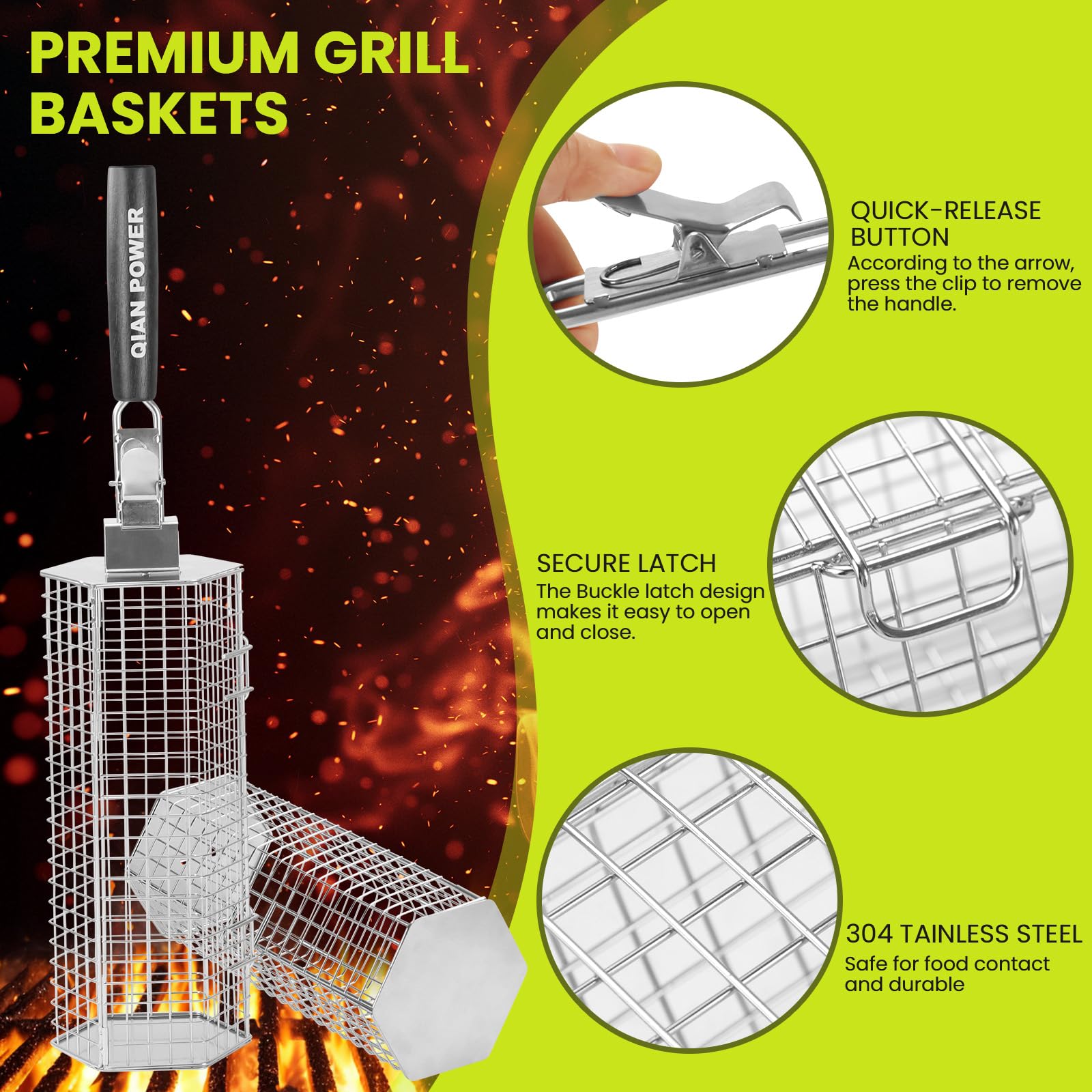 Removable wooden handle of QIAN POWER grill baskets for safe storage.