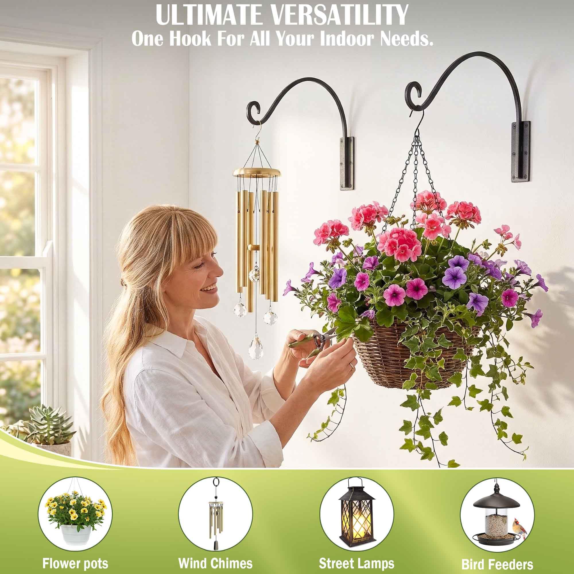 Qiang Ni garden décor hanger supports wind chimes, baskets, and feeders.