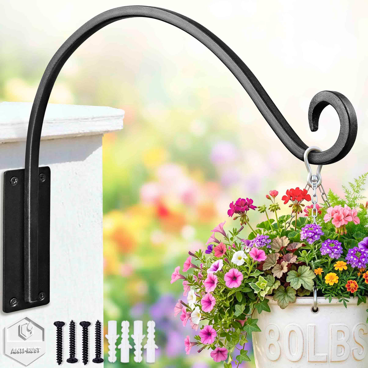 Qiang Ni heavy-duty plant hanger shows a 16-inch bracket for sturdy outdoor use.