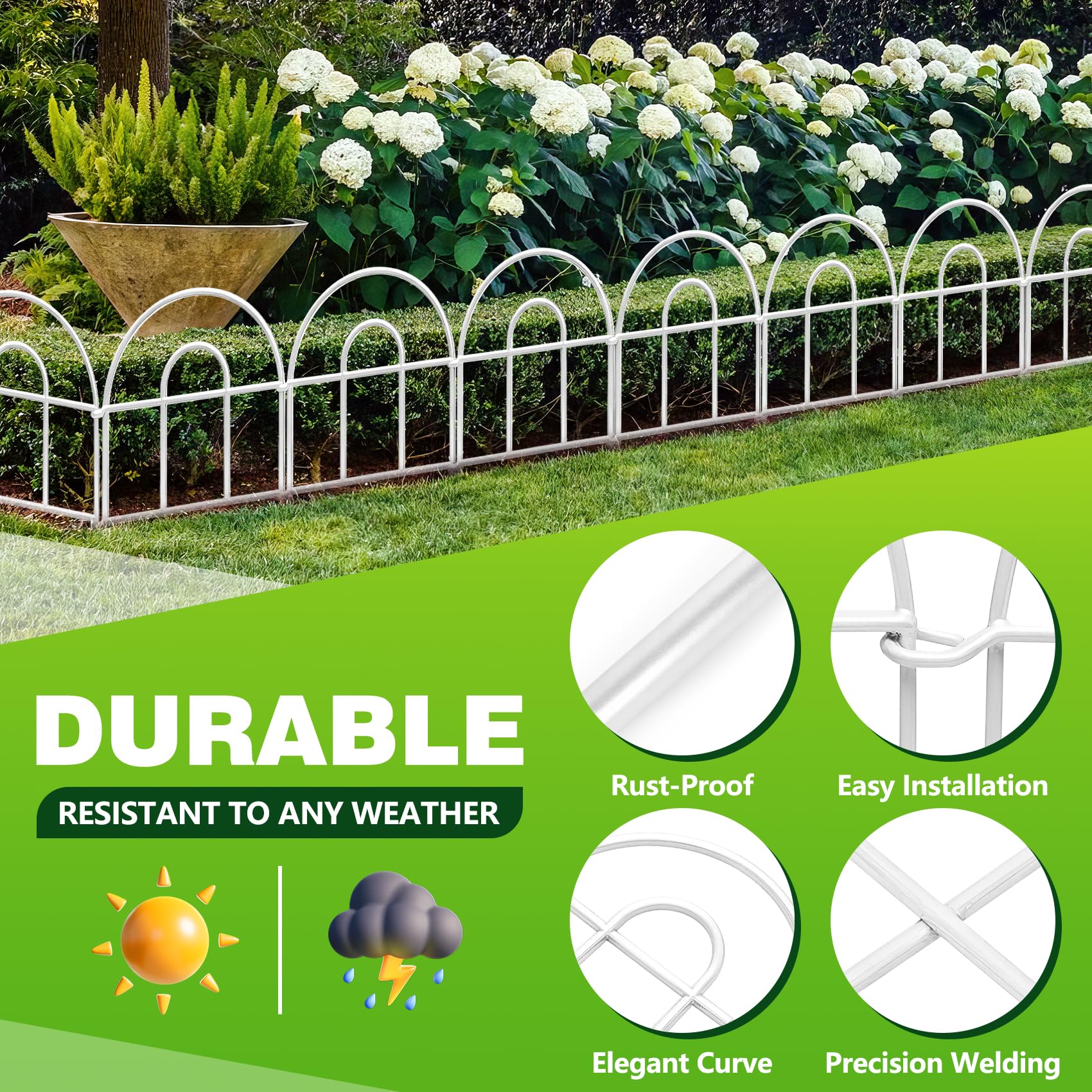 QIAOKAIYAN garden-edge fencing helps define flower beds and prevent overflow.
