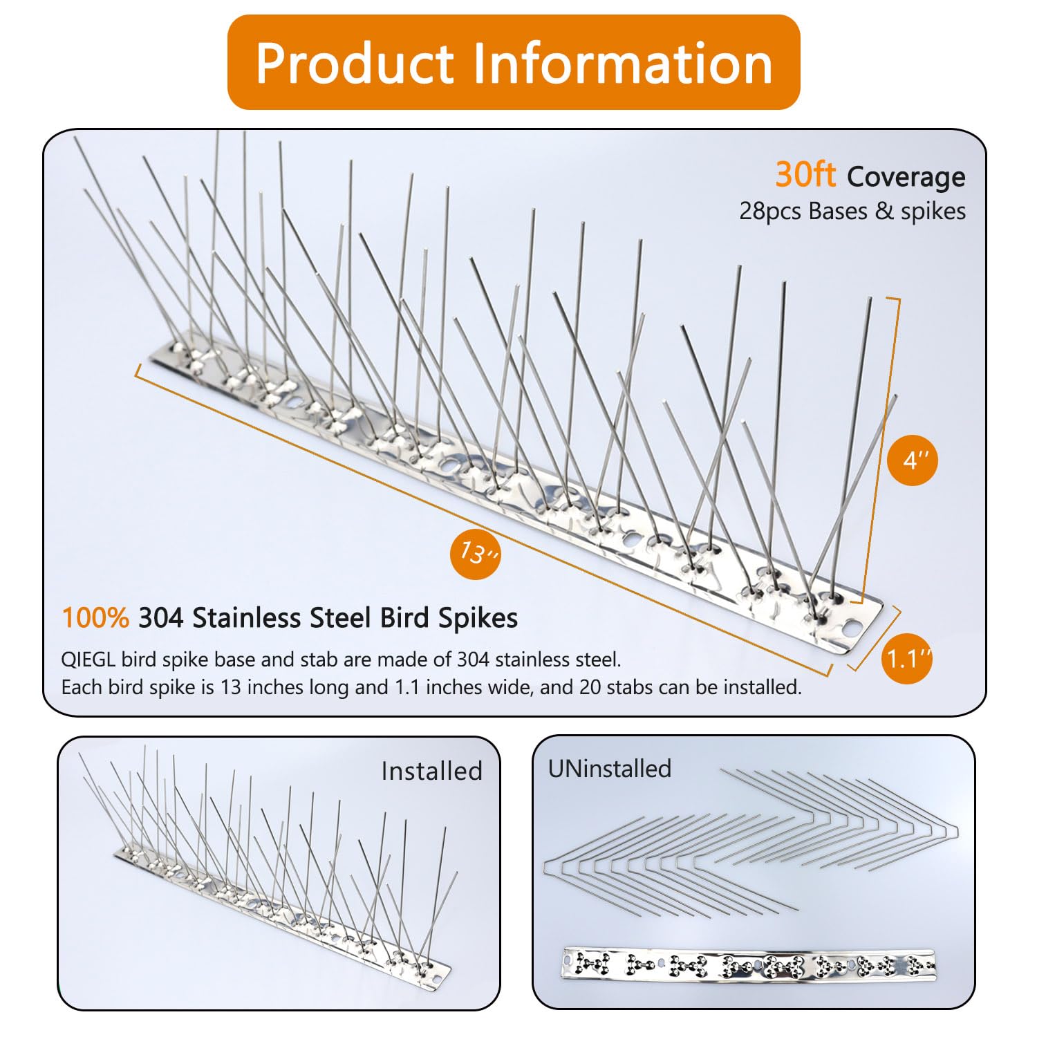 QIEGL bird spikes bases 13 inch deliver robust 30ft coverage against perching.