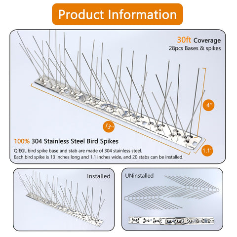 QIEGL bird spikes bases 13 inch deliver robust 30ft coverage against perching.