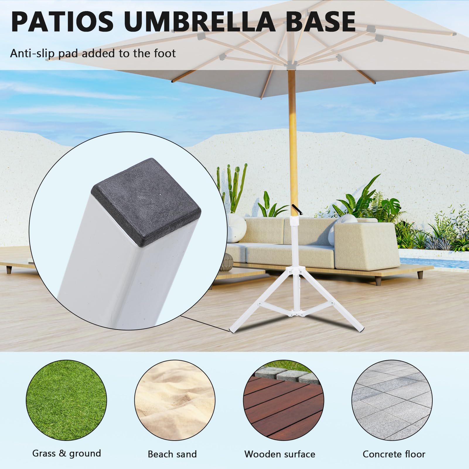 Qiilu outdoor base on patio demonstrates universal pole compatibility for various umbrellas.