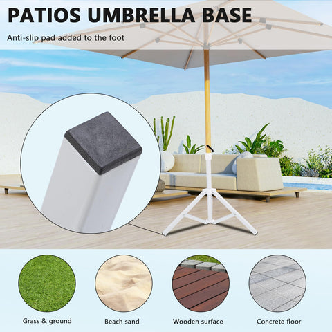 Qiilu outdoor base on patio demonstrates universal pole compatibility for various umbrellas.