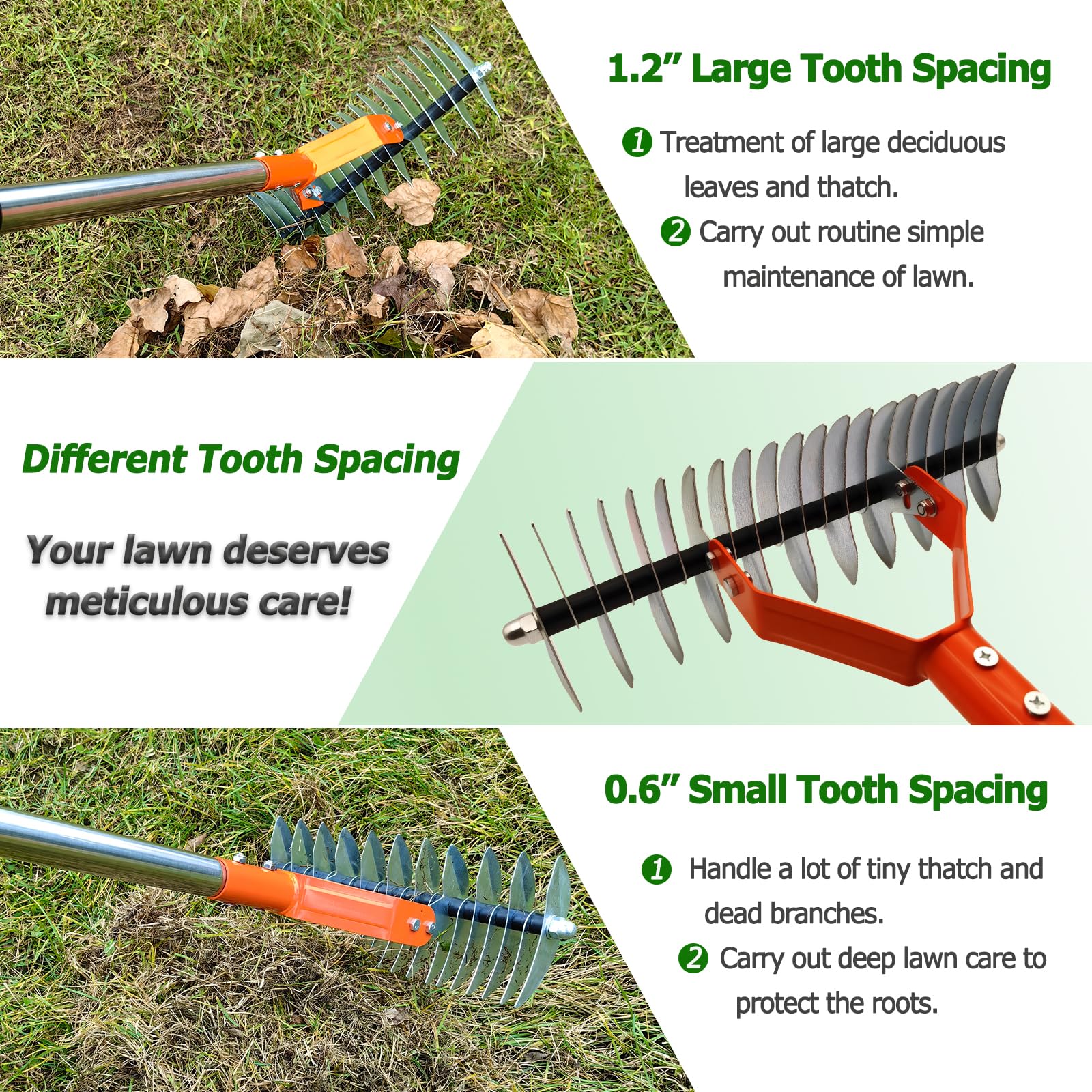Qikstren 21-tine dethatching rake for deep thatch removal and soil loosening.