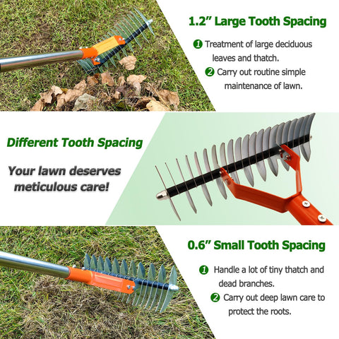 Qikstren 21-tine dethatching rake for deep thatch removal and soil loosening.