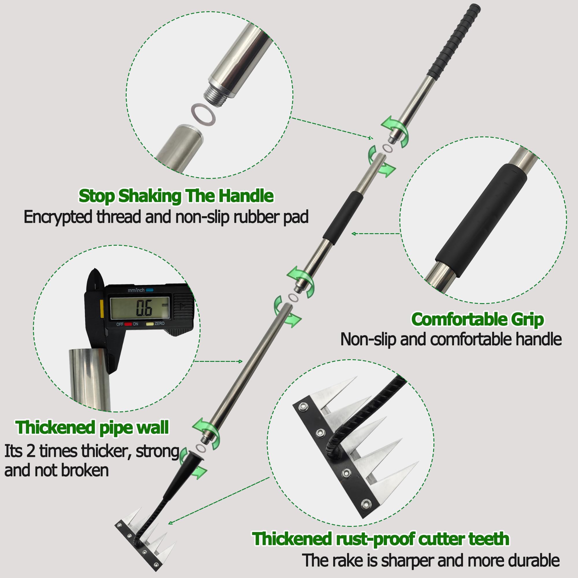 Anti-slip joints and full-thread build resist wobble during tough weeding tasks.