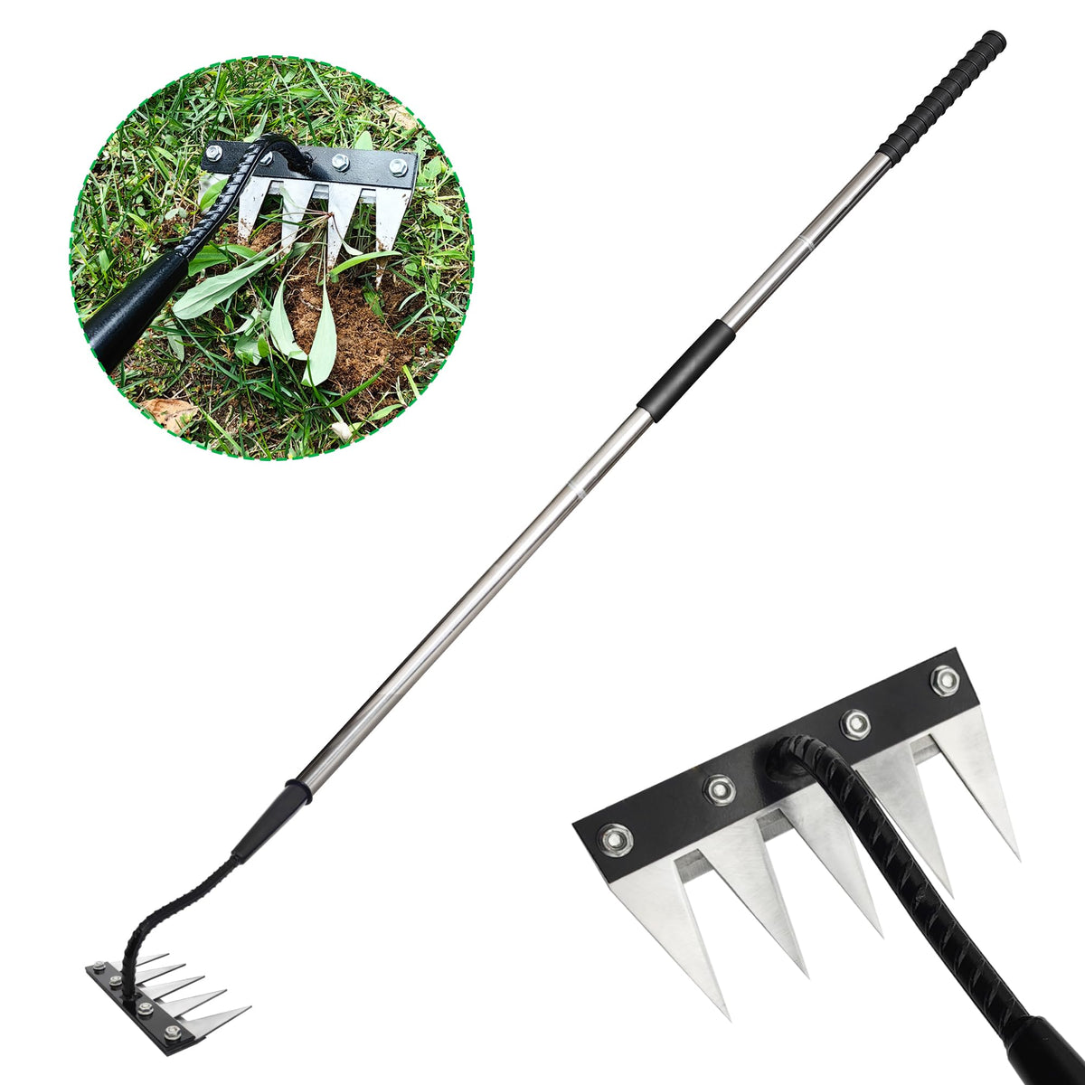 Qikstren forged iron weeding rake head with thickened tines for efficient weed removal.