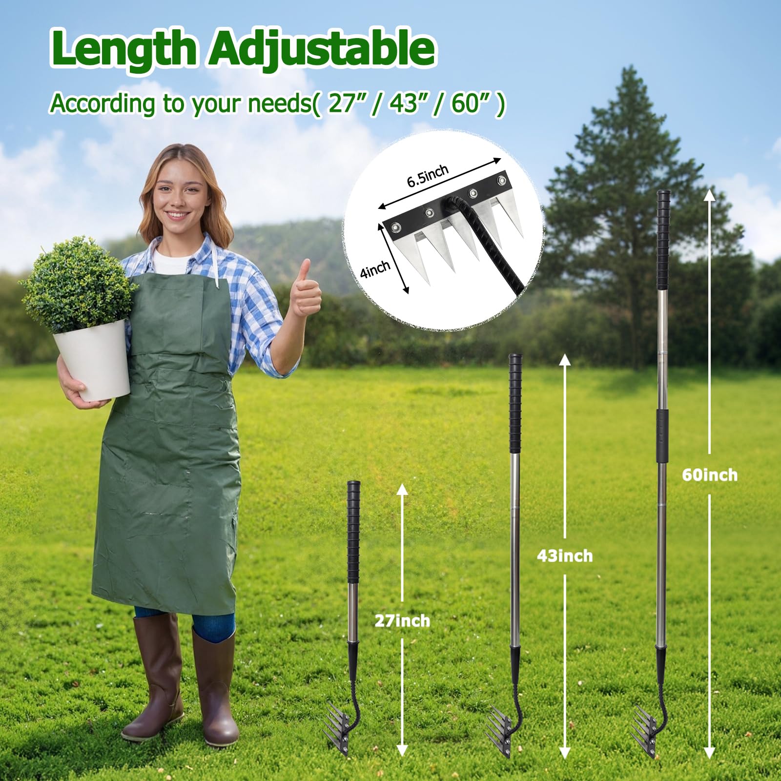 Multi-purpose tool for weeding, soil turning, thinning, and cleanup.