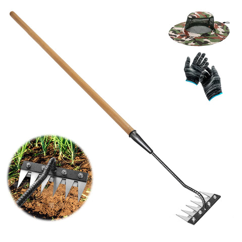 Qikstren Gardenia iron weeding rake with six teeth for deep soil penetration and precise weed removal.