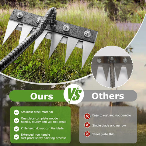 Qikstren Gardenia iron weeding rake ergonomic handle reduces fatigue during gardening.