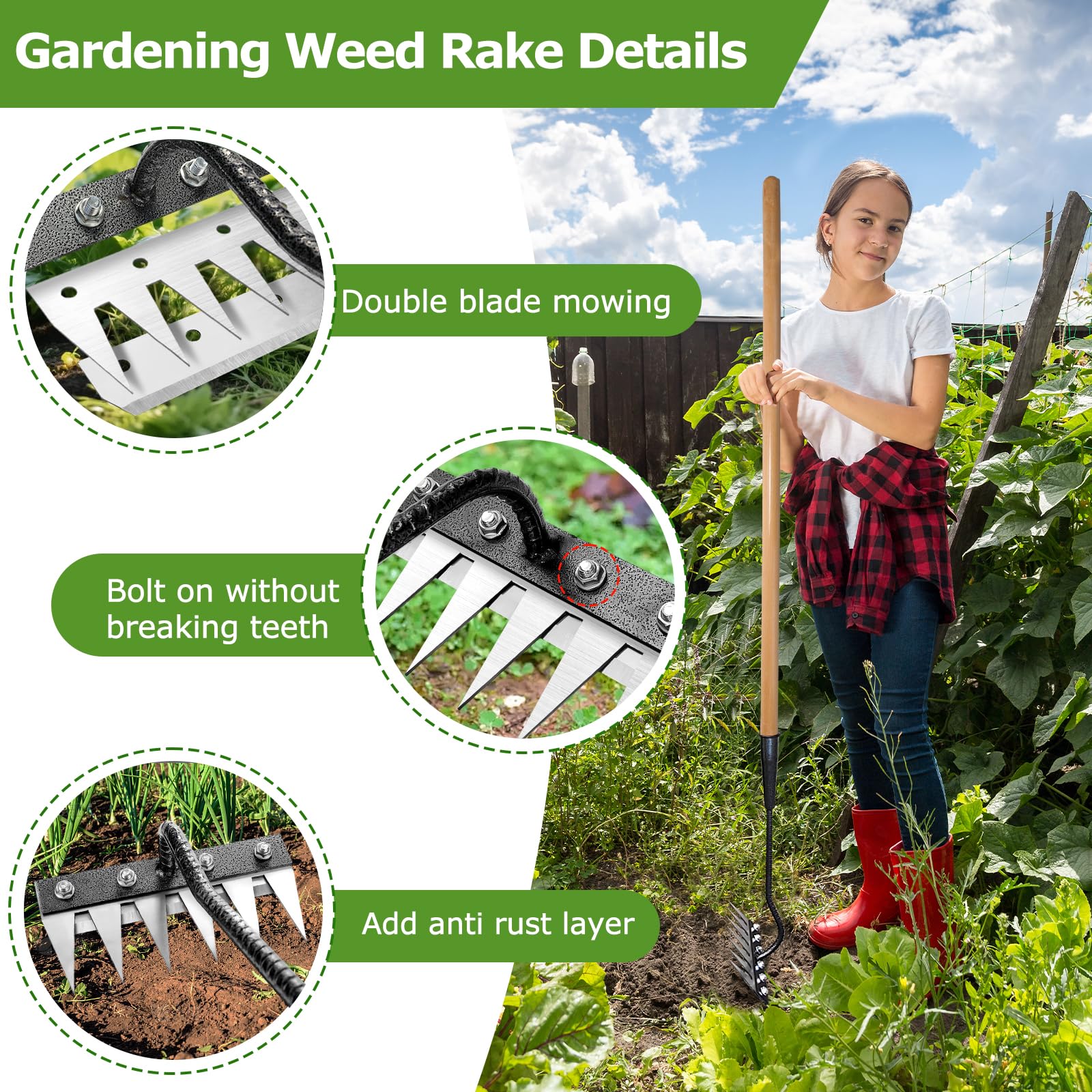 Qikstren Gardenia iron weeding rake with handle assembly for easy setup and extended reach.