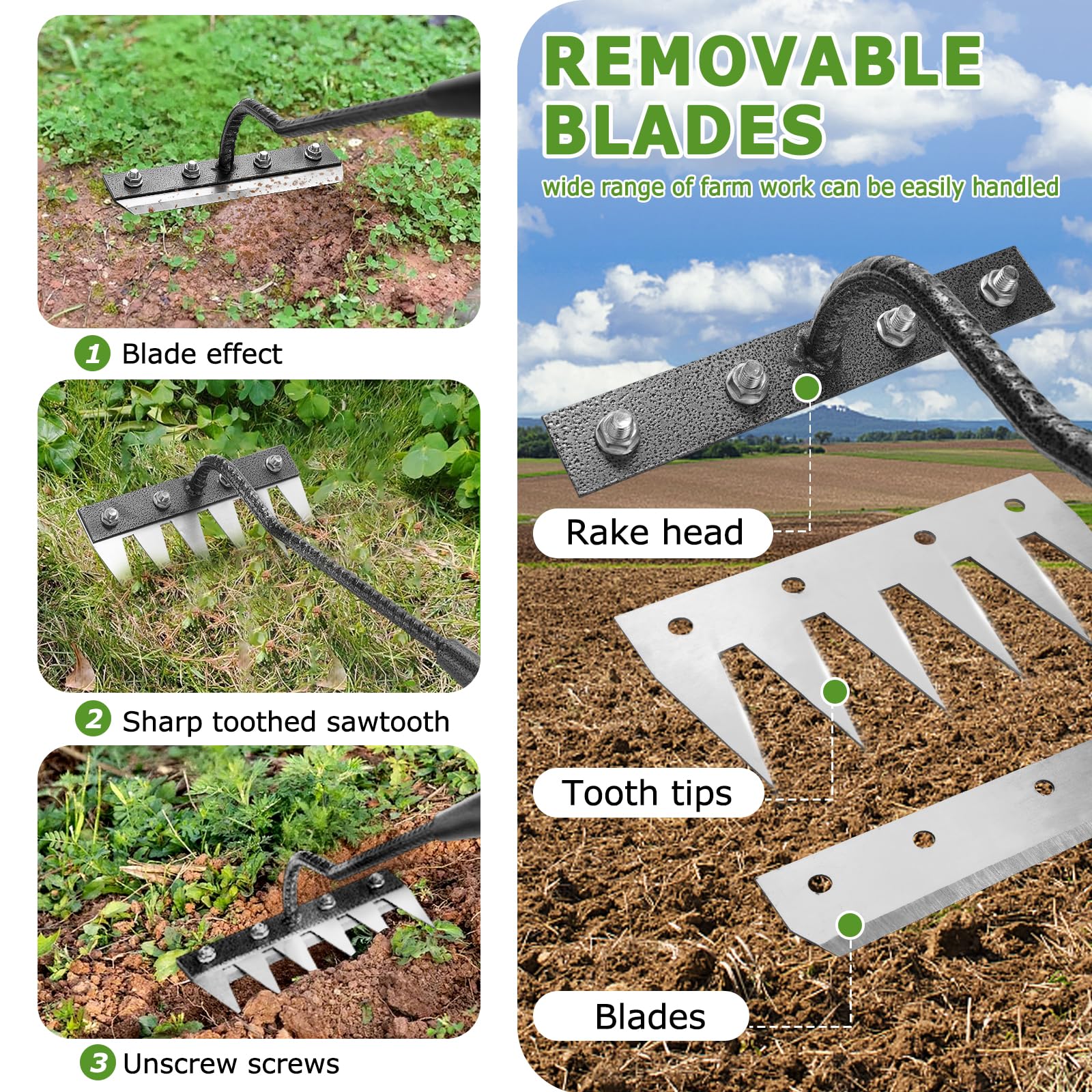 Qikstren Gardenia iron weeding rake removable blade design for flexible weed tackling.