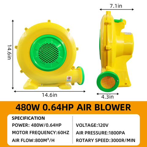 QILEBA 480W blower side view emphasizes portability for on-site inflations