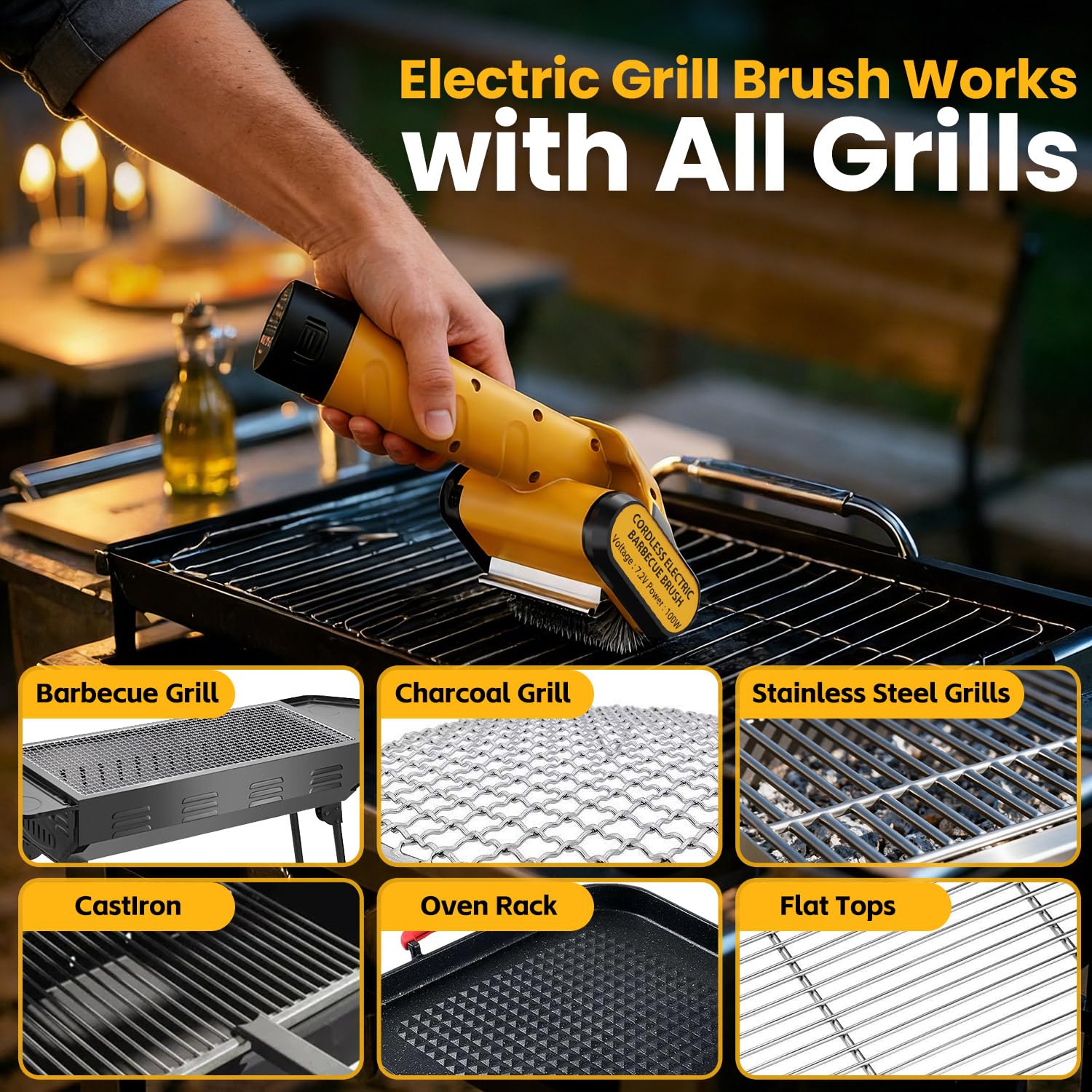 Qimedo universal grill compatibility cleans charcoal, gas, stainless steel, and cast iron.