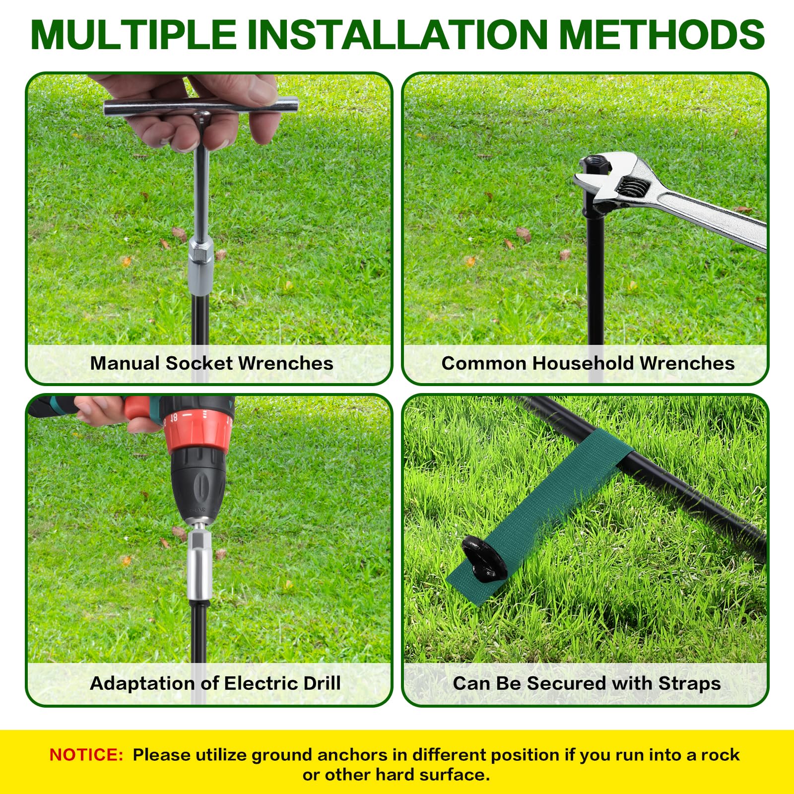 Qimshemi anchors used for tents and carports in outdoor use.