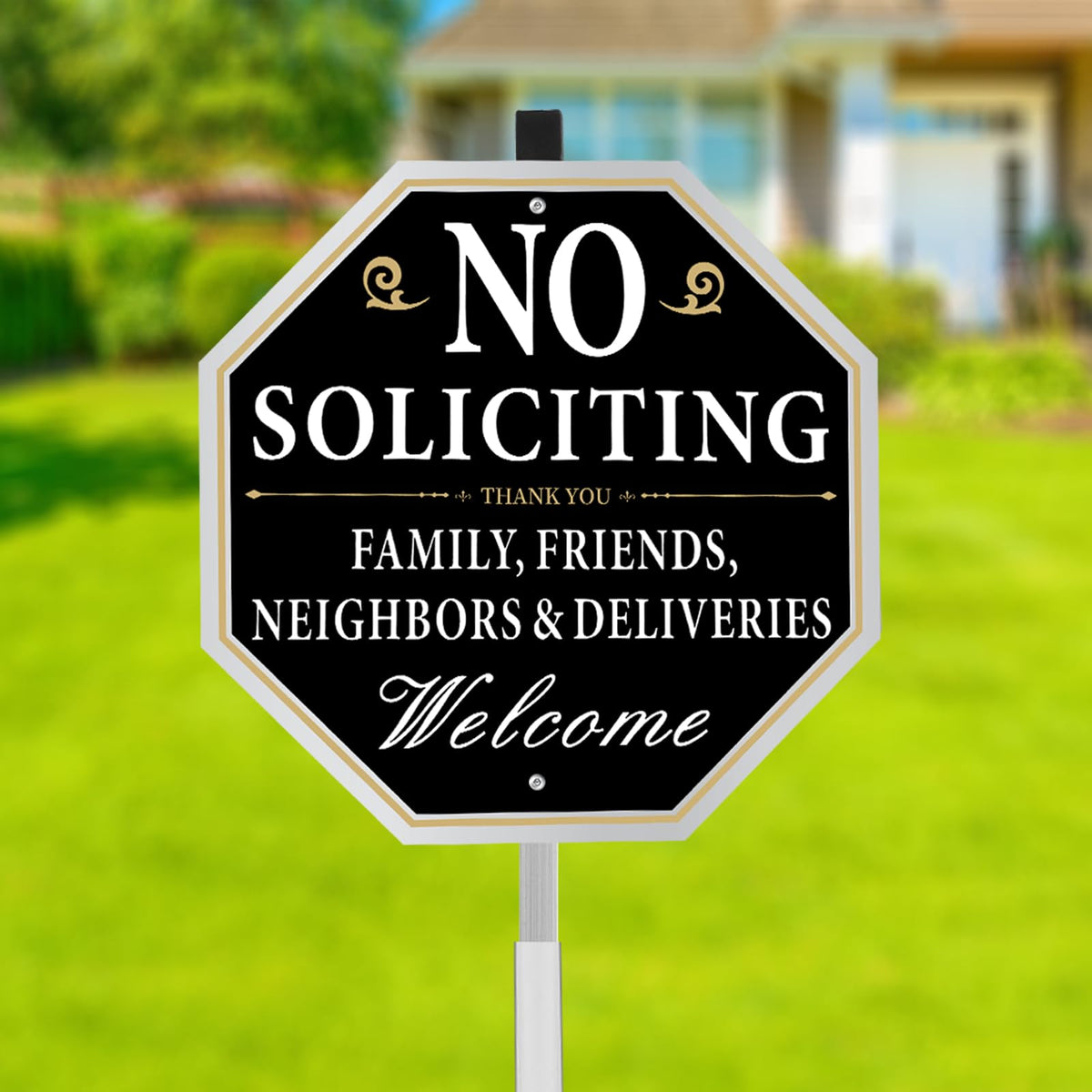 Qimshemi No Soliciting Sign in yard front view highlighting privacy