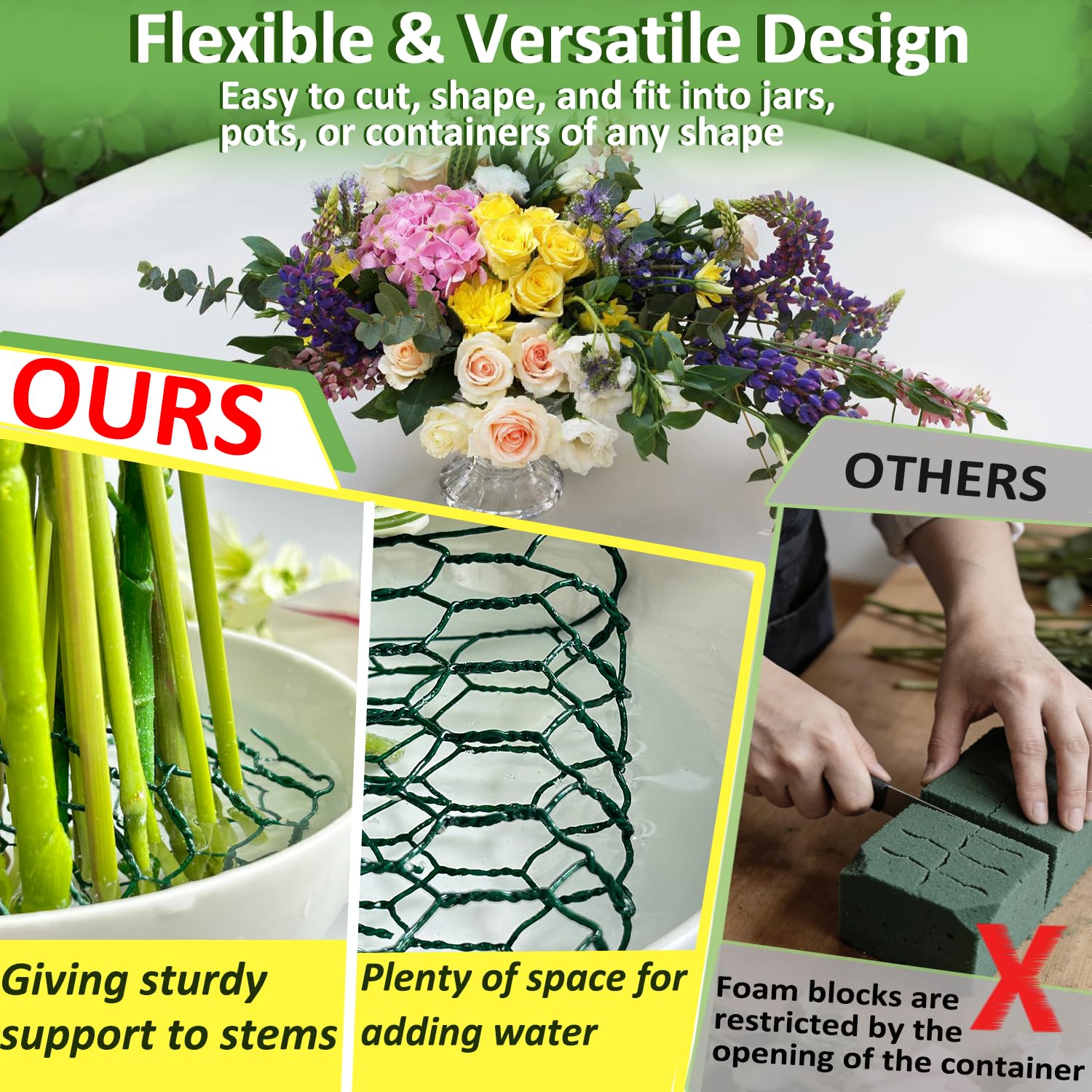 Qinheesiu green wire roll for versatile shaping in vases and containers.
