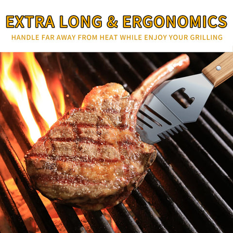 Qinshaine 4-in-1 BBQ spatula bottle opener for outdoor grilling convenience.