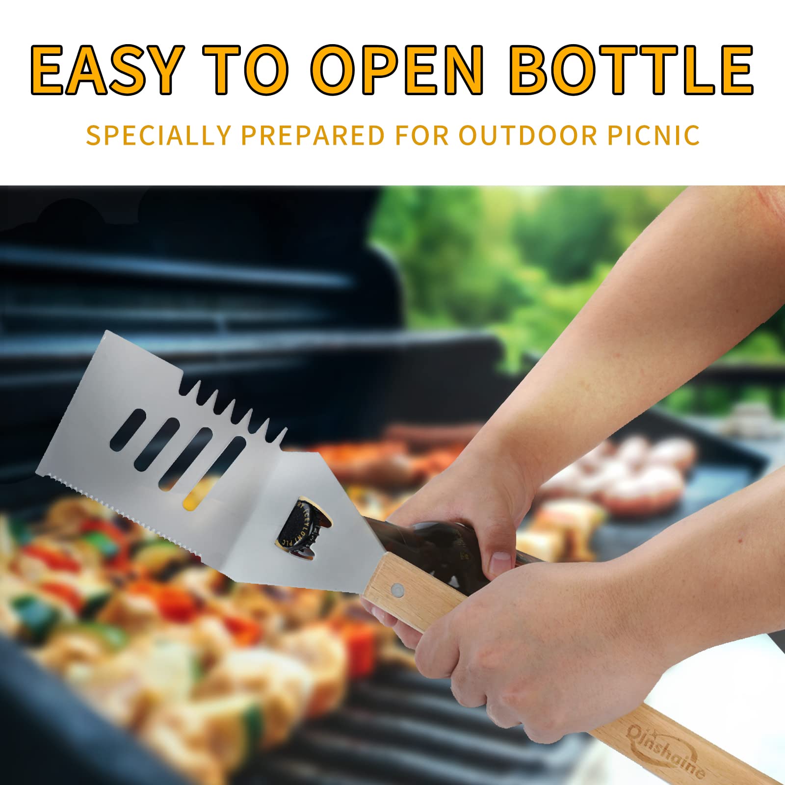 Qinshaine 4-in-1 BBQ spatula conical tenderizer in action.