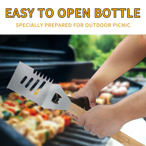 Qinshaine 4-in-1 BBQ spatula conical tenderizer in action.