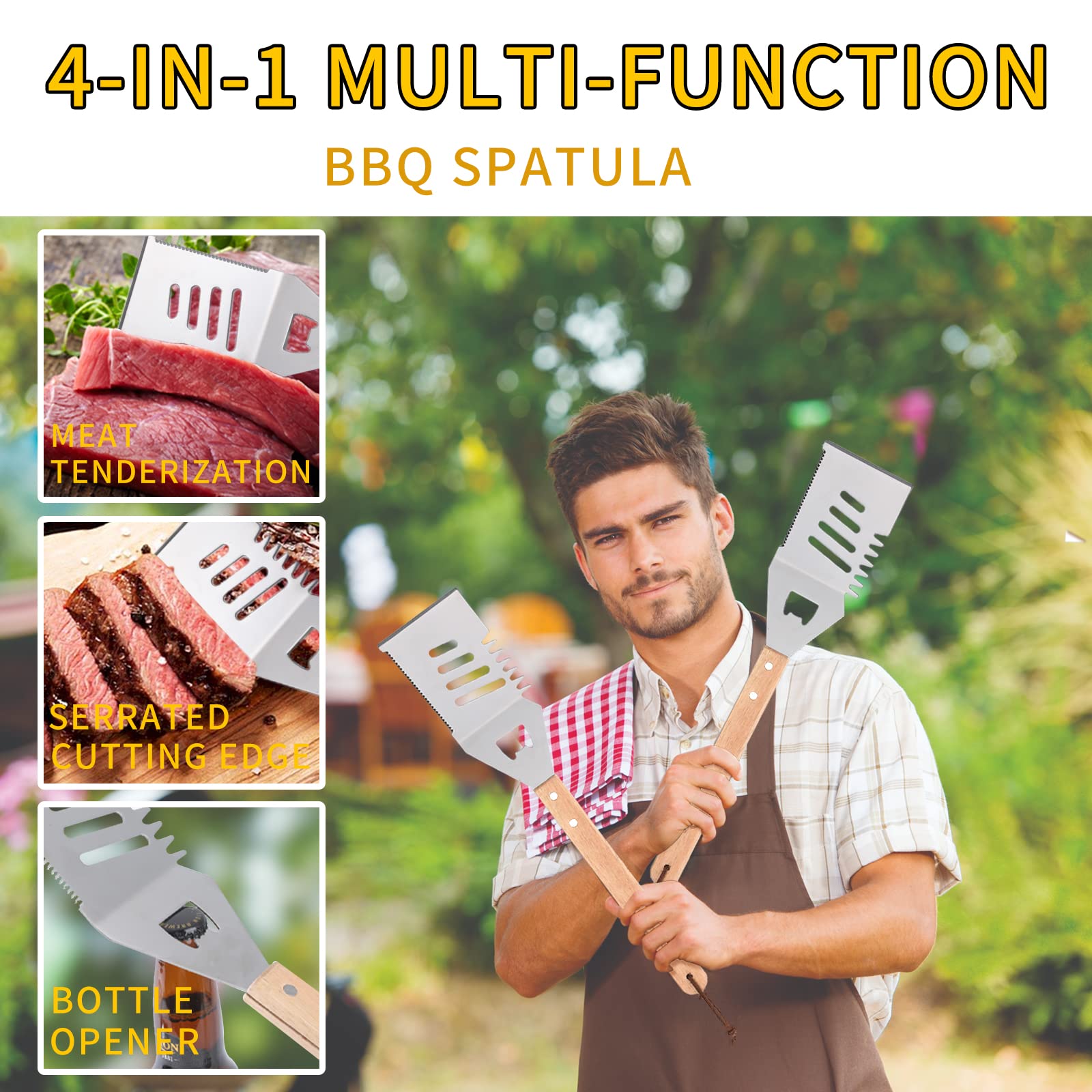 Qinshaine 4-in-1 BBQ spatula ergonomic wooden handle protecting hands from heat.