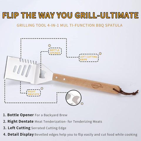 Qinshaine 4-in-1 BBQ spatula knife blade for precise cuts on kebabs.