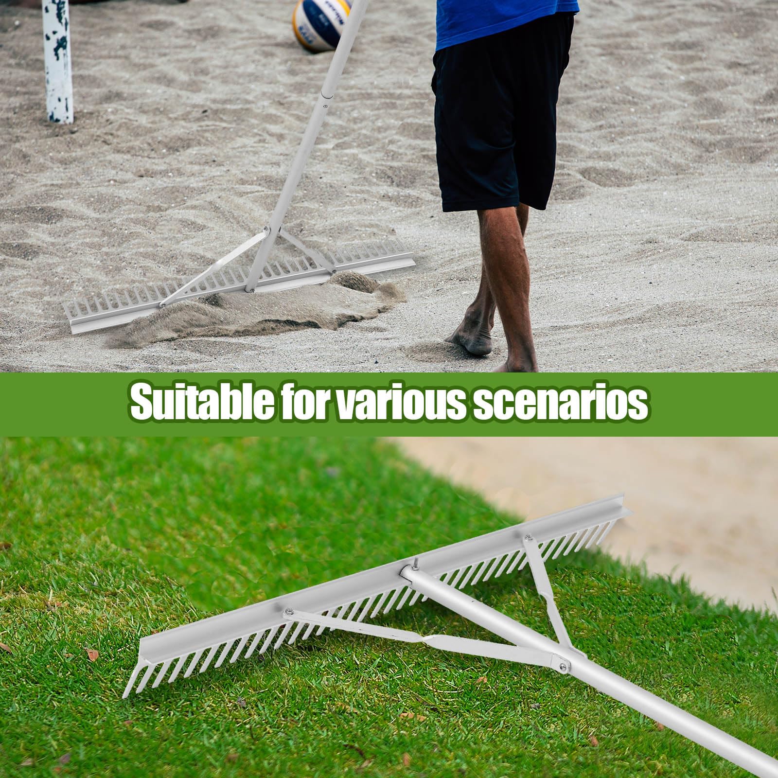 Qinyoung multi-use yard rake tackles leaves, stones, grass, and pond debris