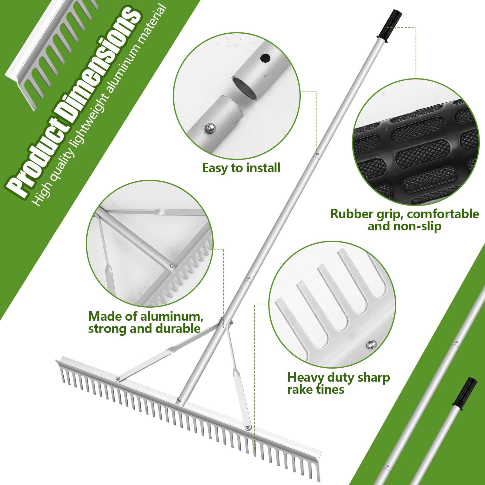 Qinyoung 36-inch rake head provides wide coverage for quick yard cleanup