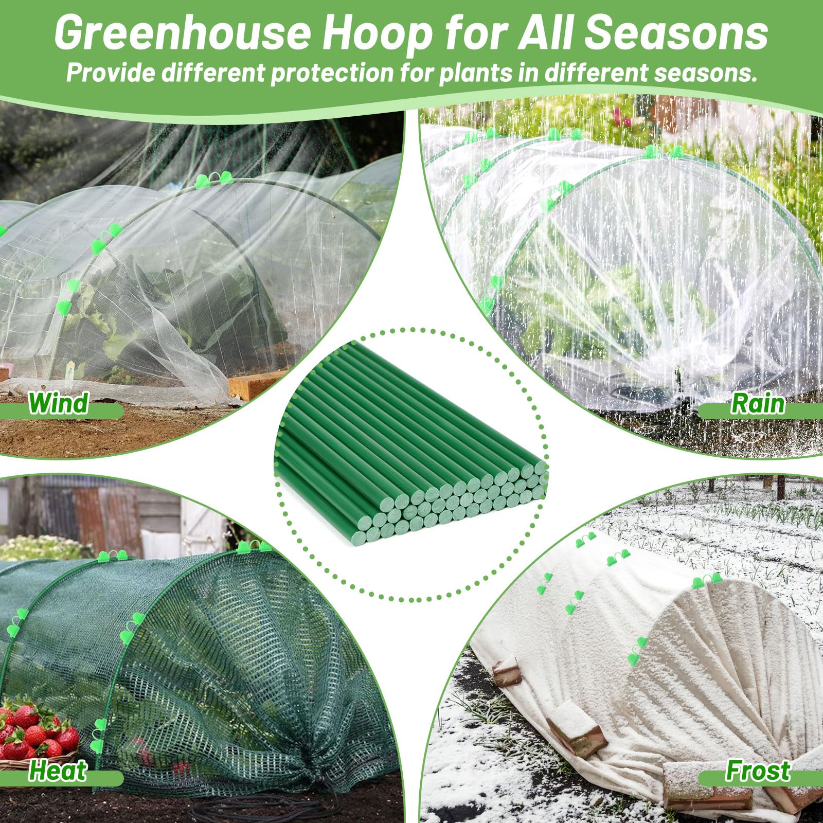 Qinzave fiberglass hoops resist rust for year-round gardening.