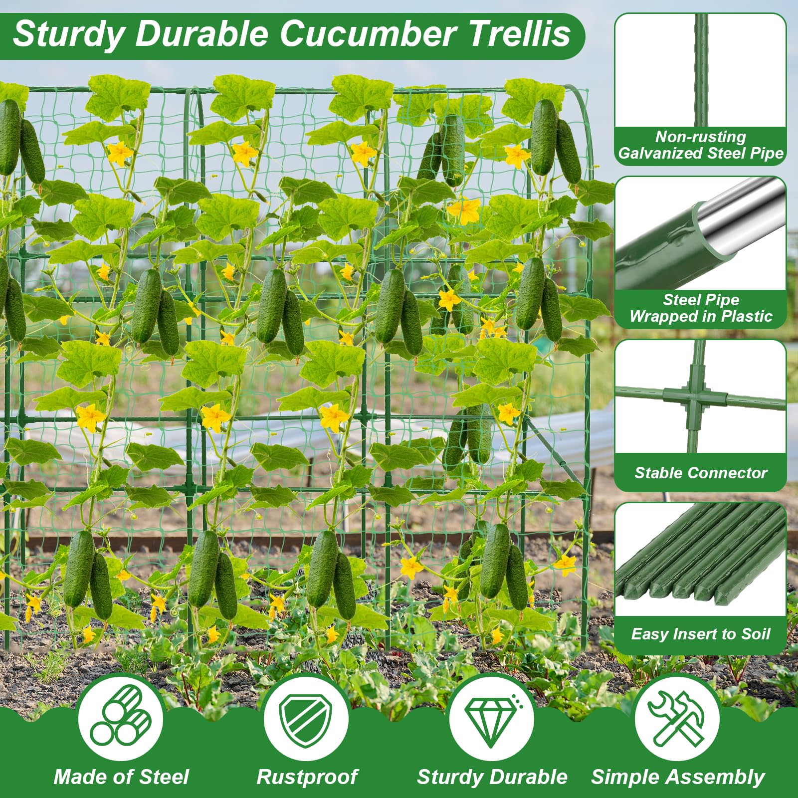 Close-up of trellis netting and assembly kit for easy setup.
