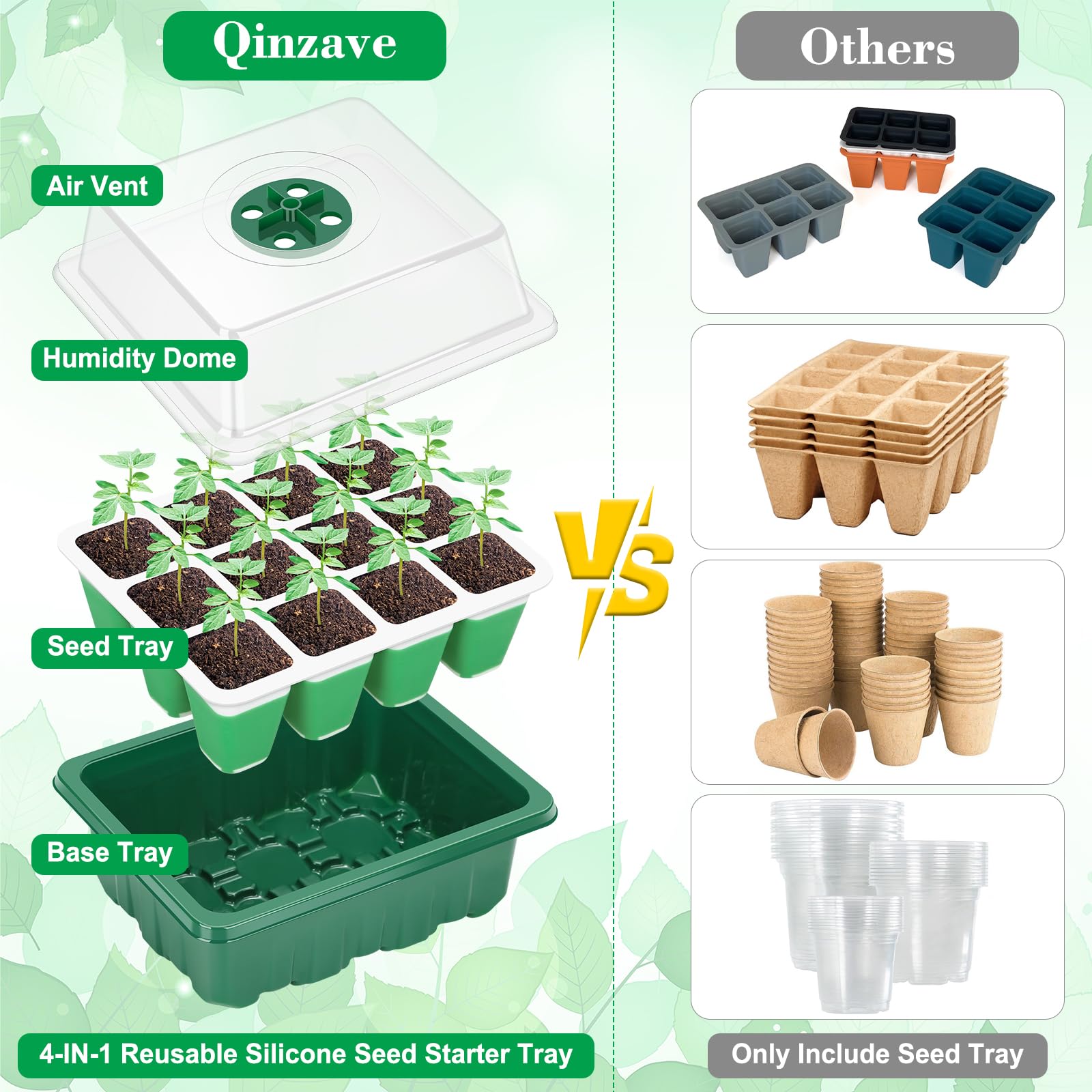 Qinzave seed starter tray pop-out cells enabling gentle transplanting without root damage