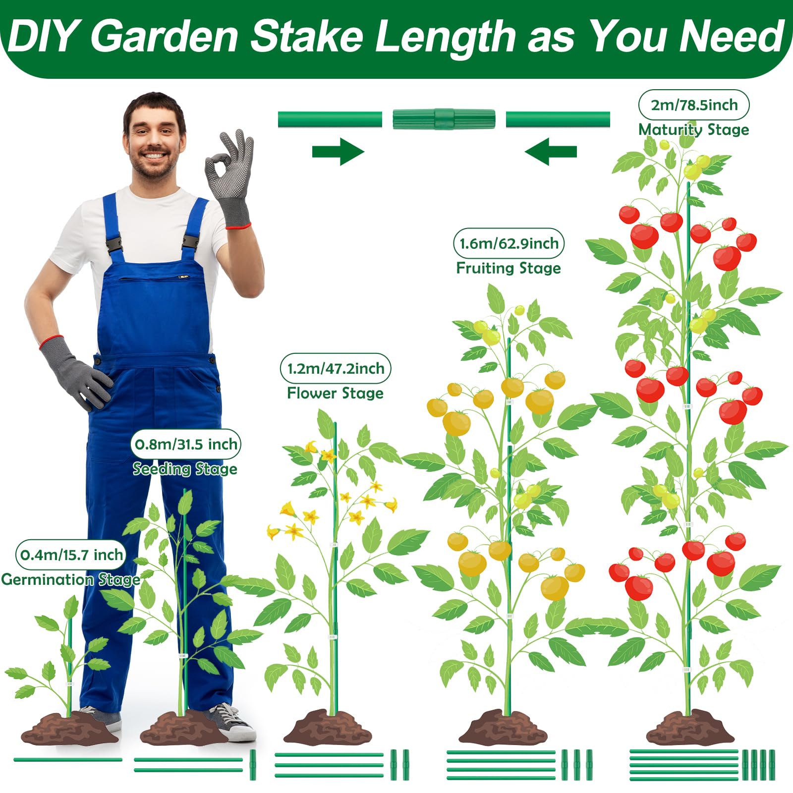 Qinzave stake arms with connectors demonstrated for easy triangle tomato cage assembly
