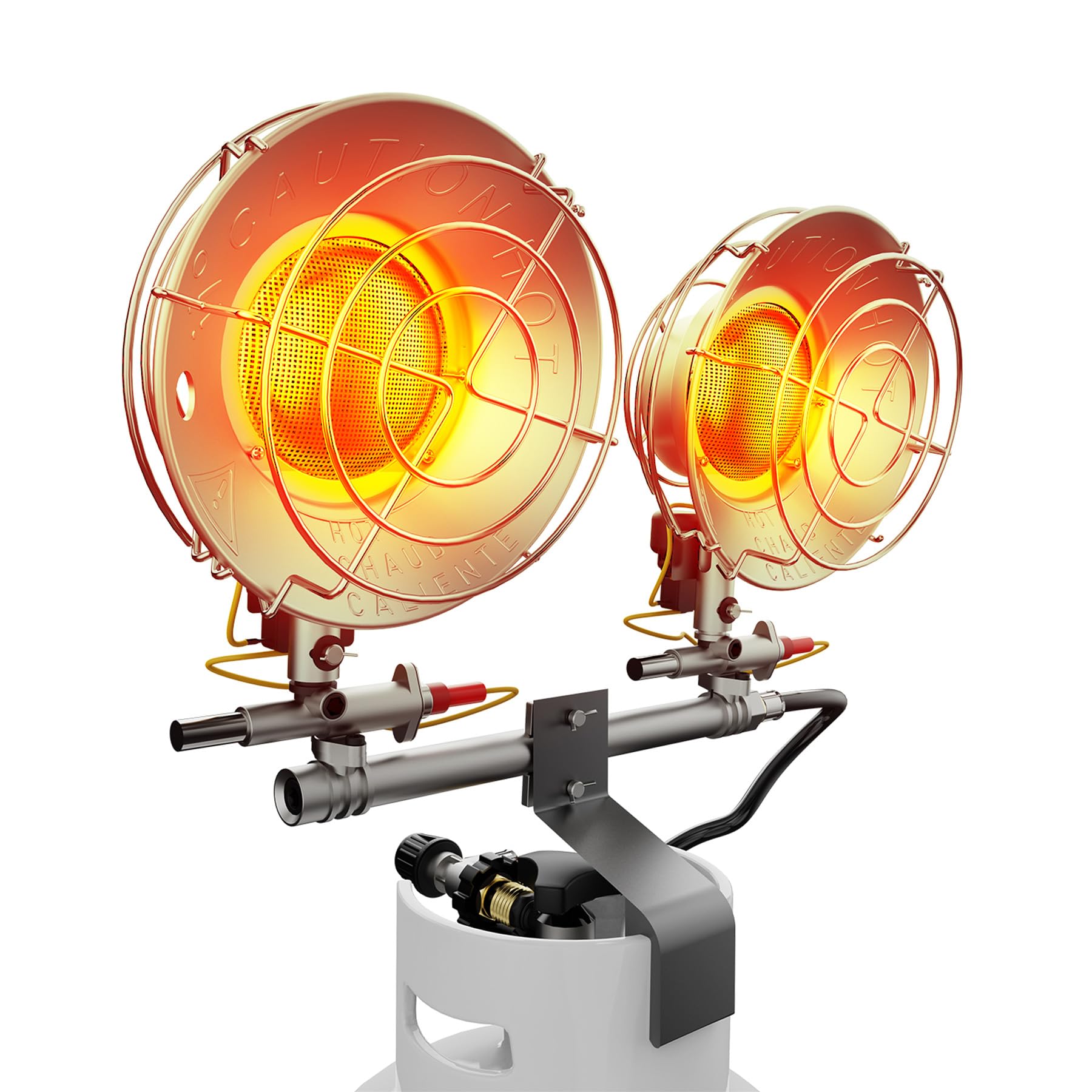 QIOMALA 30000 BTU propane heater front view with dual heat heads for outdoor warmth