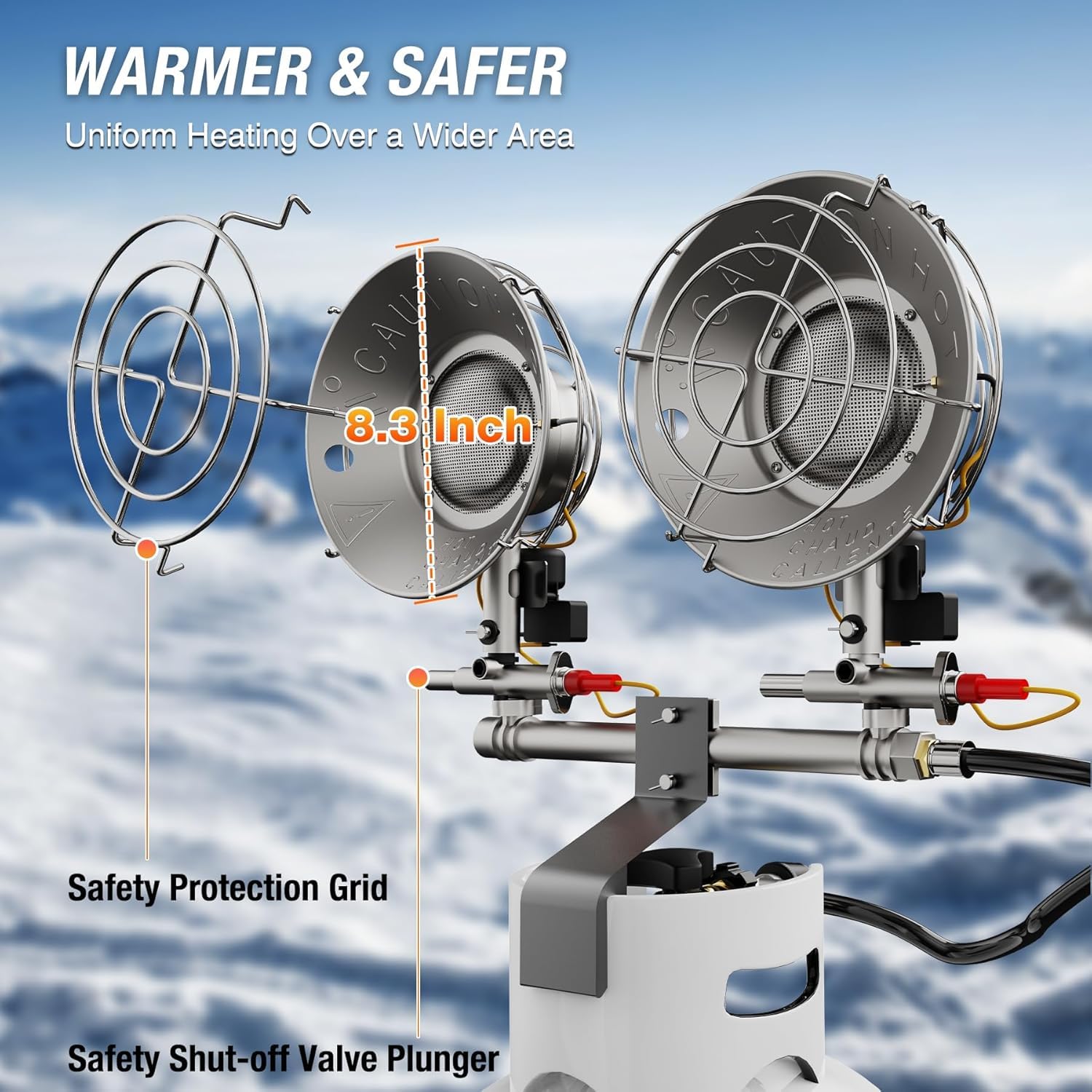 QIOMALA portable outdoor heater shown with protective reflector for durability