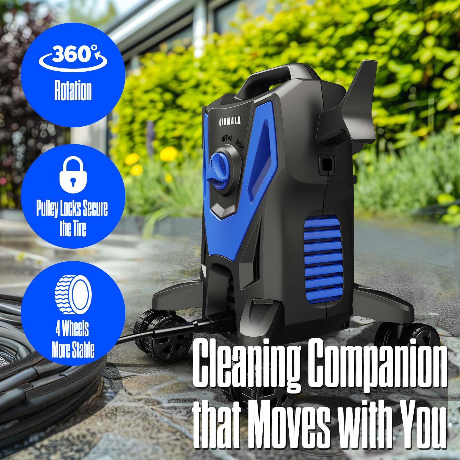 QIOMALA pressure washer compact storage dimensions fit in tight spaces.